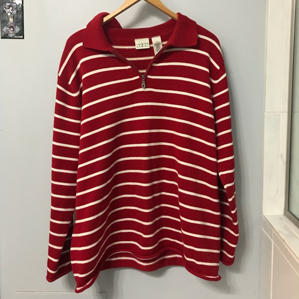 Red and white knit quarter zip